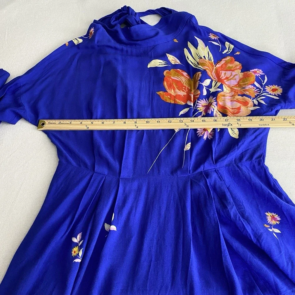 Free People Gemma Blue Floral Choker‎ Neck Cut Out Back Tunic Mini Dress Medium